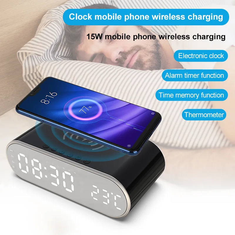 

Wireless Charger Alarm Clock LED Digital Watch Table Thermometer Electronic Desktop Clocks Wake Up Snooze Mode Time Fast Charger