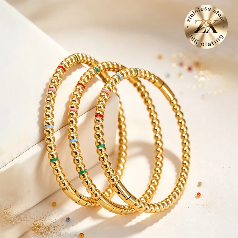 3pcs Bohemian Style Gold Beaded Bracelet Colorful Jewelry Stainless Steel Stackable Wristband Gift for Women And Girls