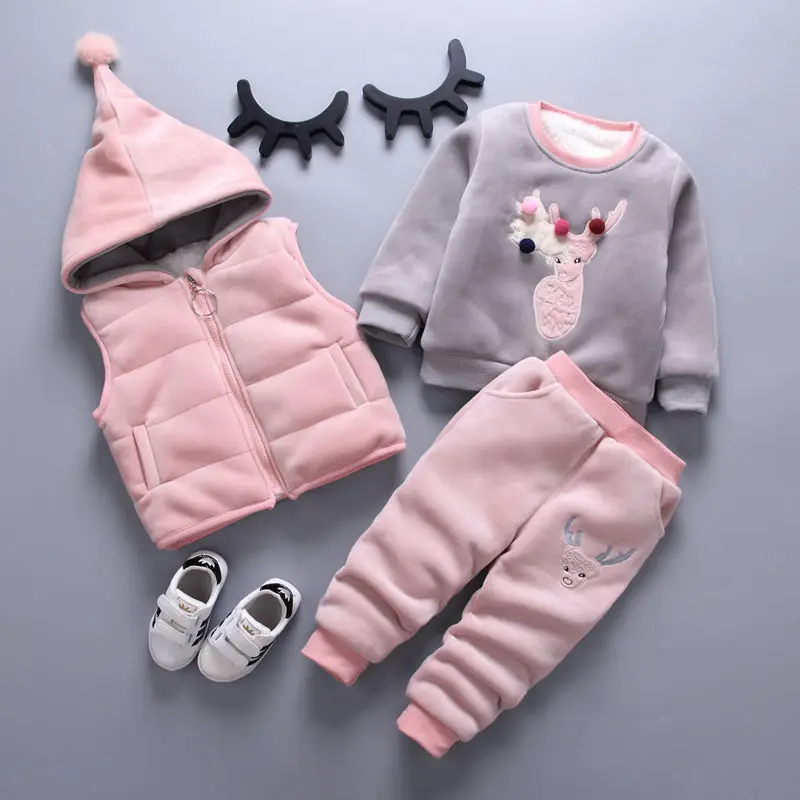 Baby Winter Clothing Suits Christmas Costume 2023 New Plush Warm Children Outerwear Pants 3PCS Fashion Boys Girls Kids Clothes