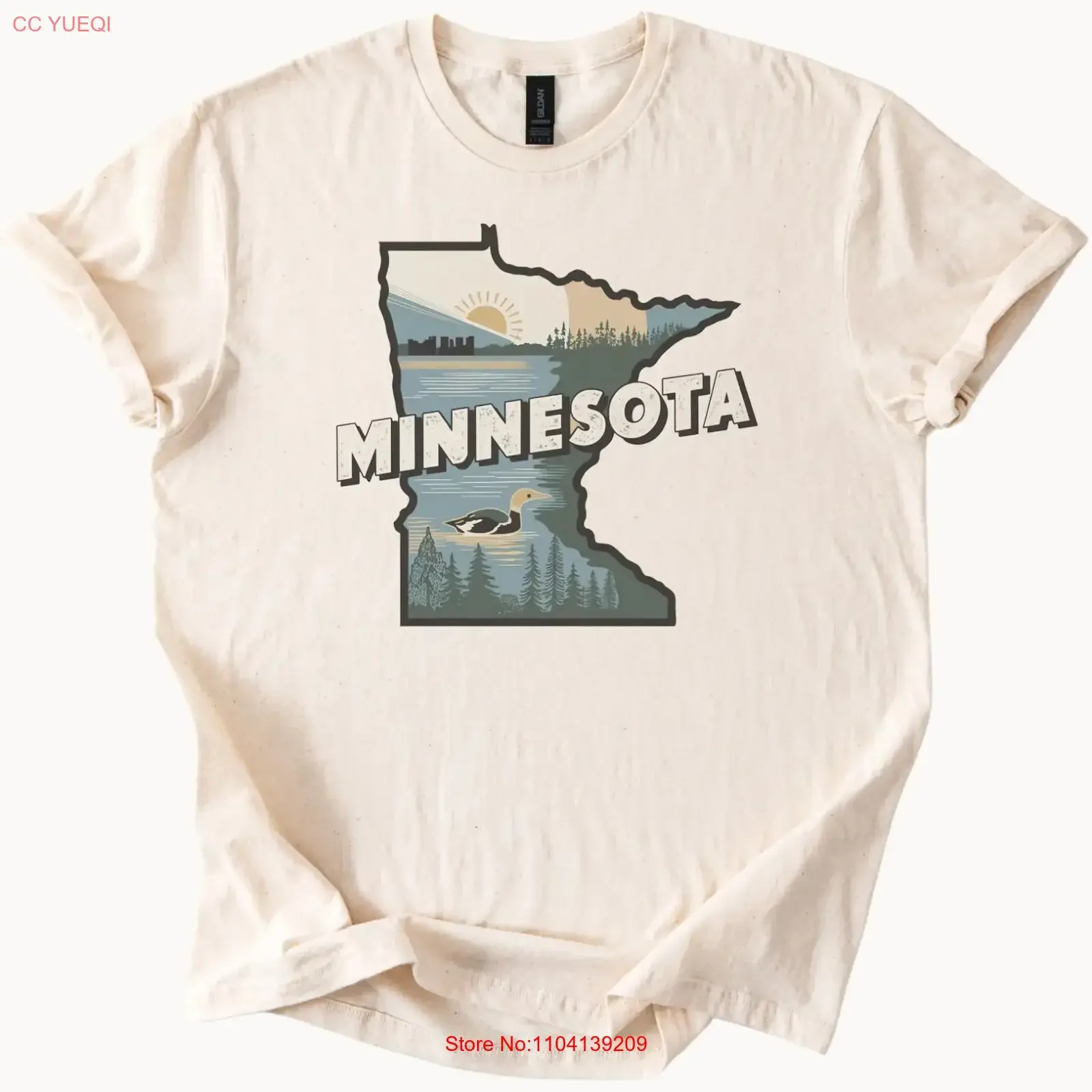 Minnesota T Shirt State Outline Nature Scene Sunrise Loon Bird  vintage Washed homme Top For Everyday Wear Comfortable Casual