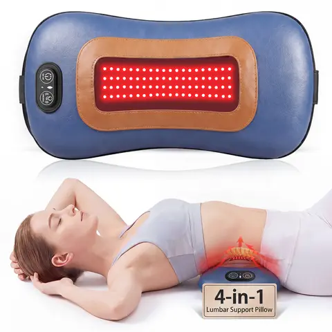 4-in-1 Red  Infrared Light Cordless Low Back Massager 5000mAh Lumbar Massage Pillow Sciatica Pain Relief Devices with Heat Vibration Airbag Traction  Red Light for Back Waist Comfort