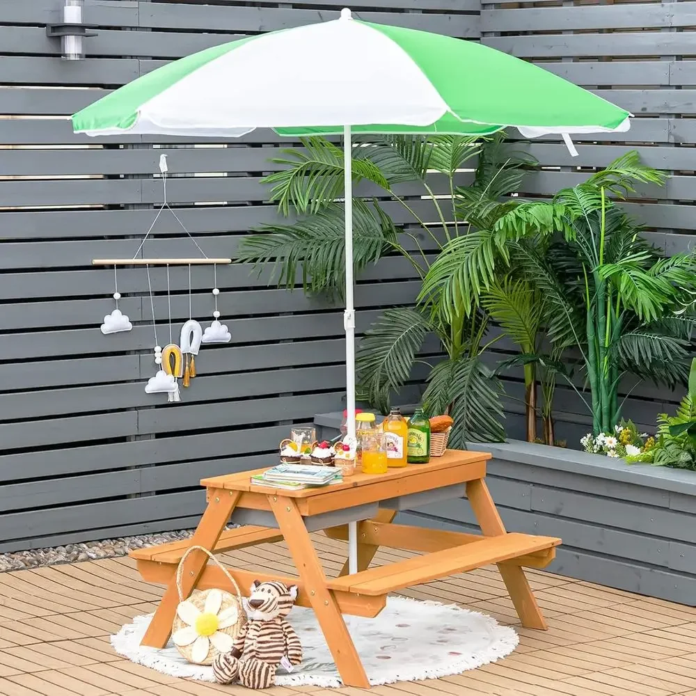 4-in-1 Wooden Sand & Water Picnic Table with Removable Boxes and Umbrella for Kids, Outdoor Backyard Garden Furniture Set for To