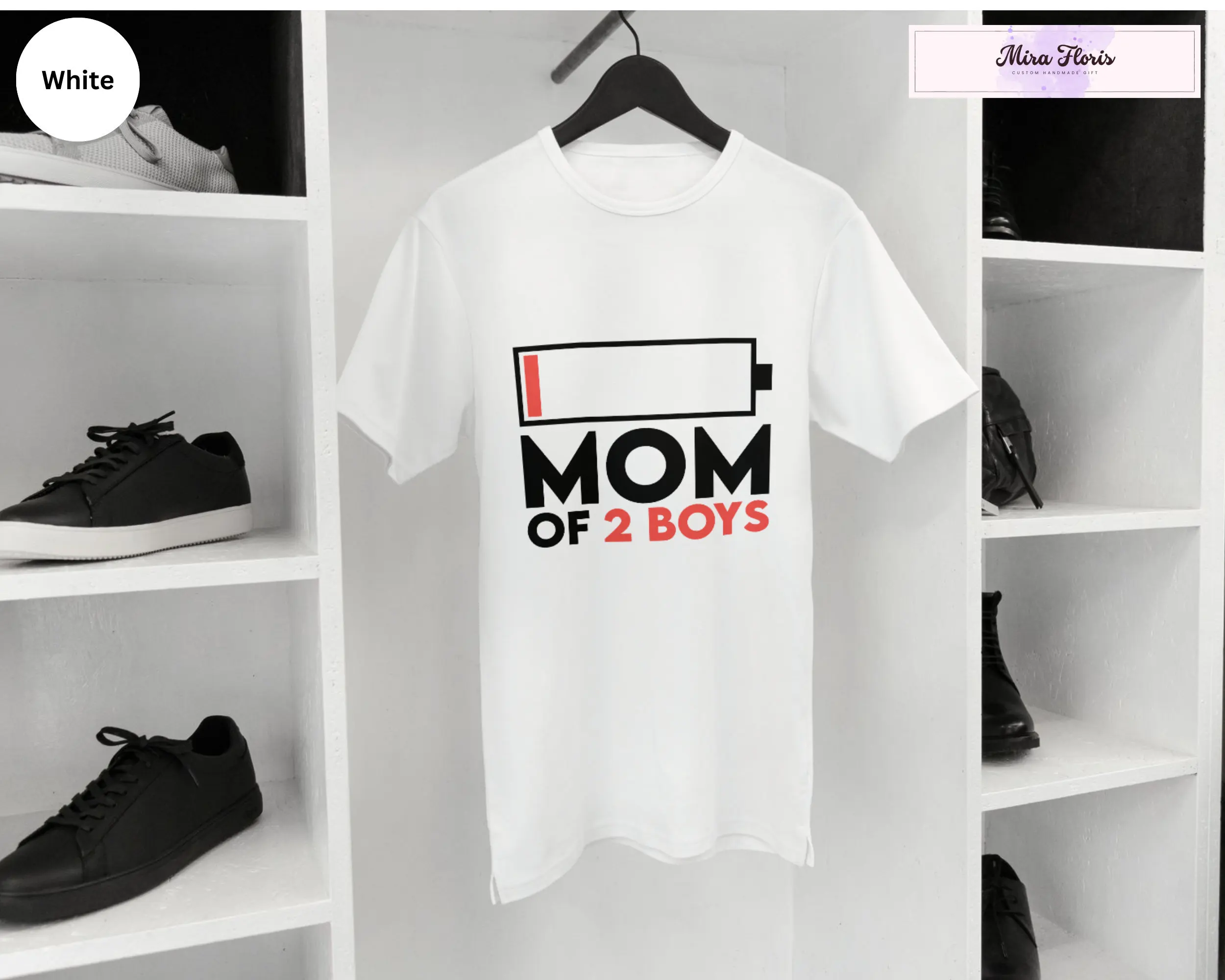 Mom Of 2 Boys Low Battery Funny Women Cute T Shirt Mother's Day s Wife Birthday Present Life New Mama for From Husband