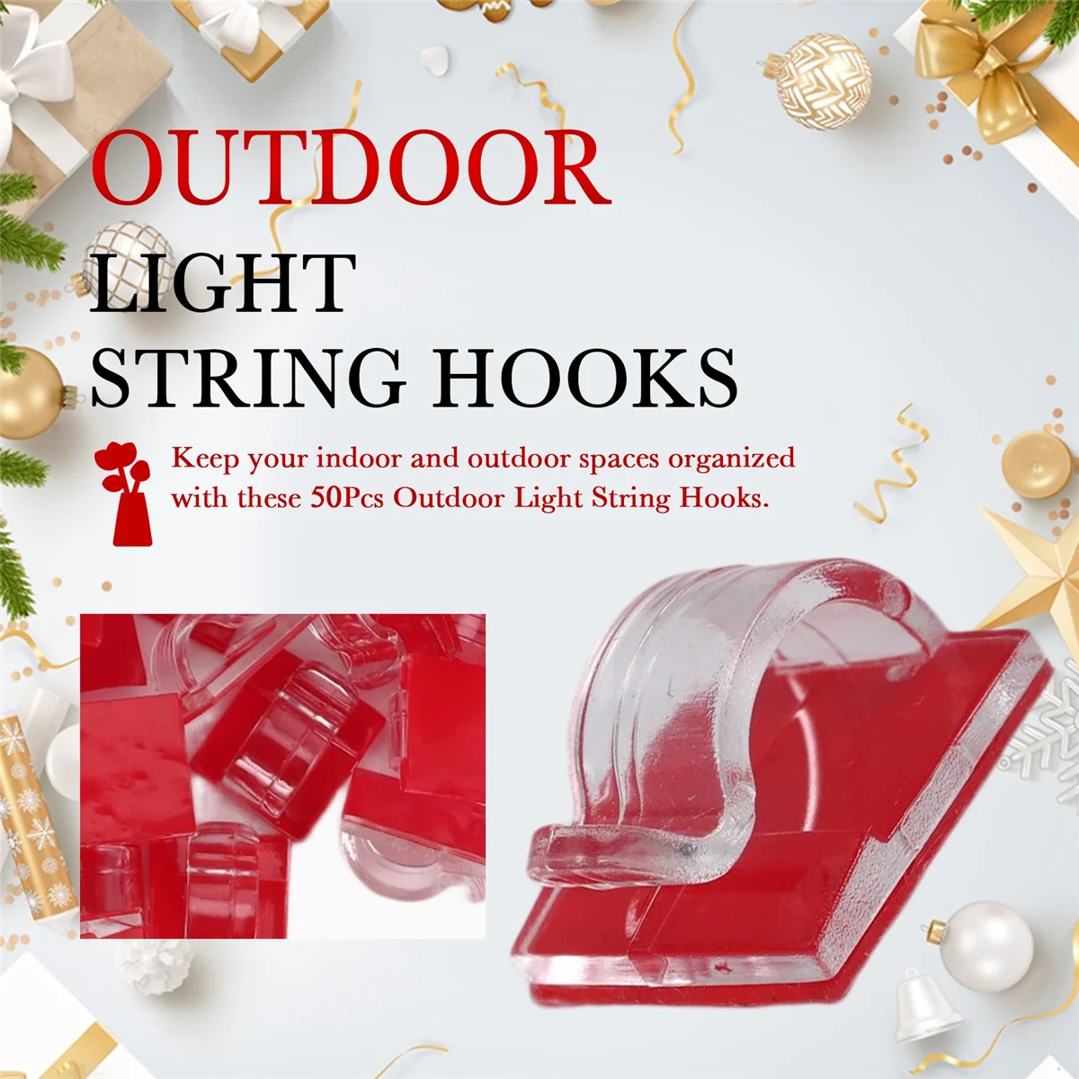 Crochets A03V pour guirlandes lumineuses extérieures, paquet de 50 clips, crochet de lumière transparente avec 50 supports adhésifs étanches pour lampe