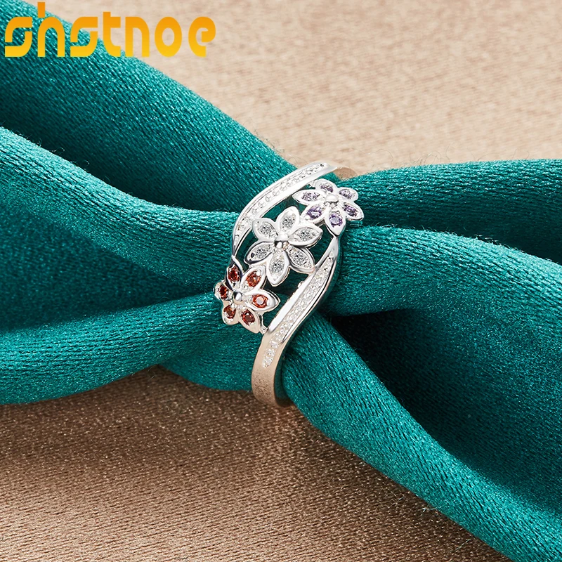 SHSTONE 925 Sterling Silver Fashion Charm Red White Purple Zircon Flower Ring For Women Bridal Wedding Bands Jewelry Accessories