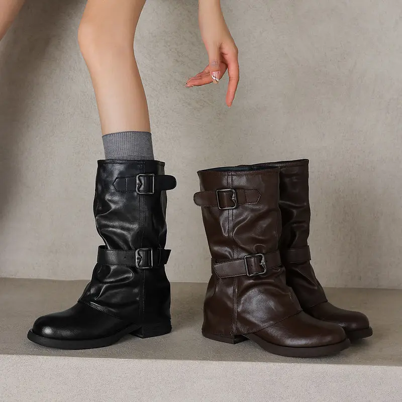 2026 new autumn winter women mid-calf boots natural leather 22-26cm cowhide+microfiber+pigskin round toe women pants boots