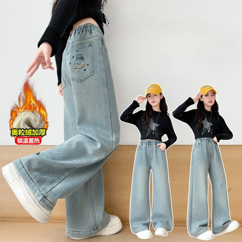

Children Winter Thermal Jeans with Embroidered lucky bags For Girls Straight Loose Thick Pants With Fleece Kids Warm Trousers