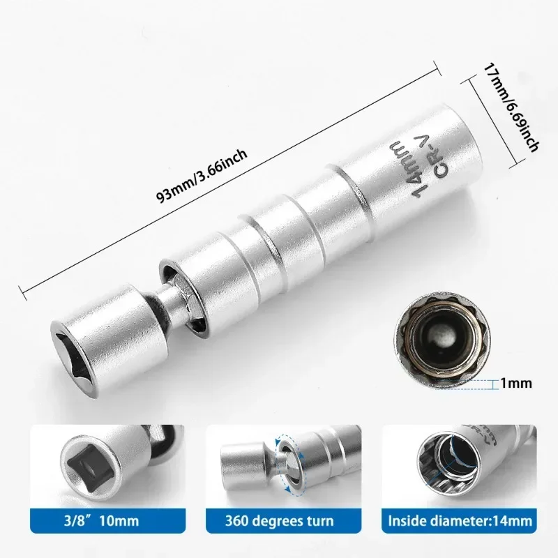 Motorcyle Spark Plug Socket Wrench Adapter 14mm16mm Set Universal Joint with Magnetic Flexible Socket Thin Wall 3/8\