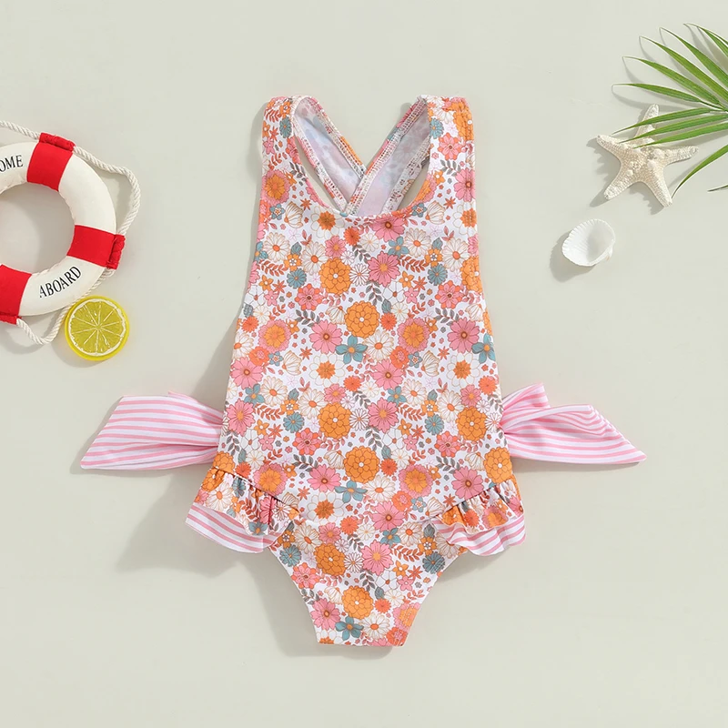 

Toddler Girl Summer Swimsuit Cute Sleeveless Stripes/Floral Print Bathing Suit Infant Swimwear