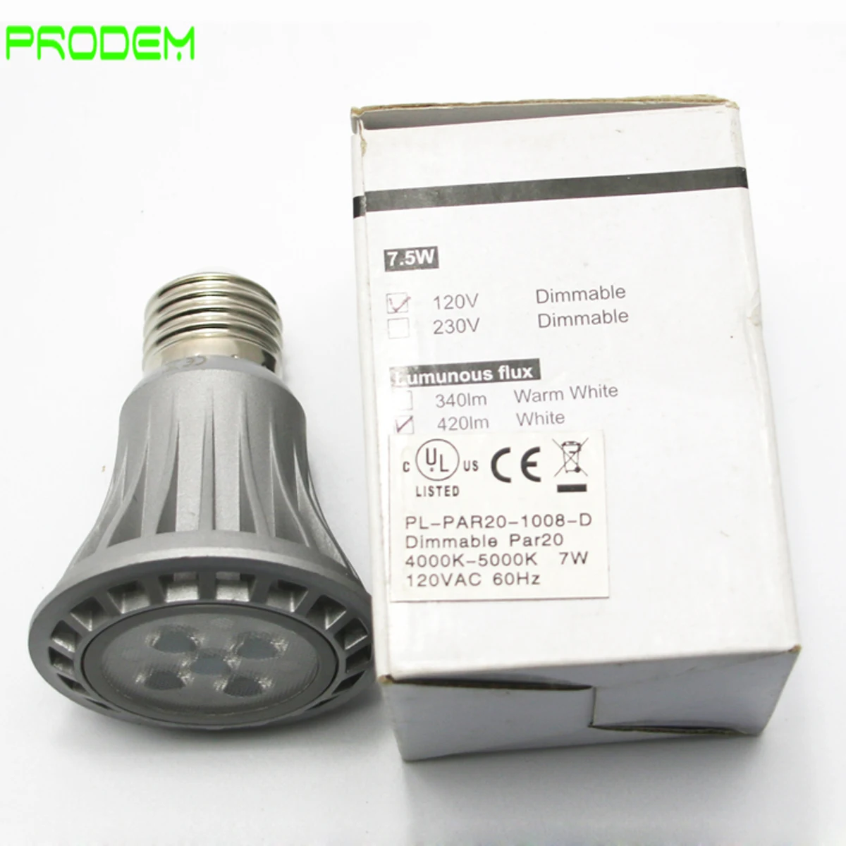 Prodem marca 110v 120v pode ser escurecido diodo emissor de luz spotlight par20 7w lâmpada alumínio e26 e27 4500k ul para canadá & eua