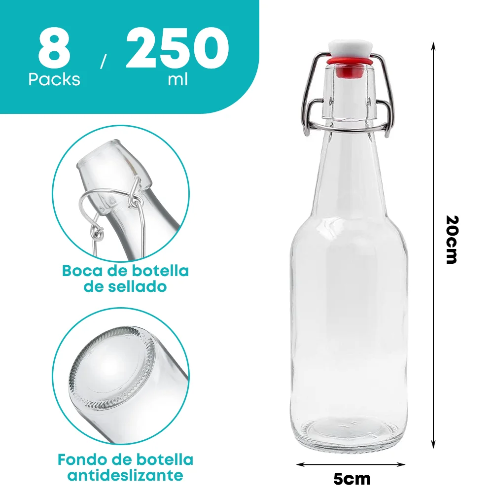 Set of 8 (250ml) Clear Glass Bottles with Flip Top Cap and Glass Bottles for Home Brewing, Beer, Kombucha, Kefir, Vanilla Extrac