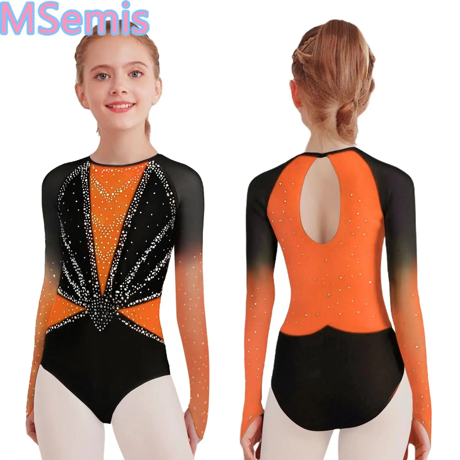 Kids Girls Color Block Gymnastics Leotard Round Neck Sheer Mesh Long Sleeves Keyhole Back Shiny Rhinestones Dance Leotard