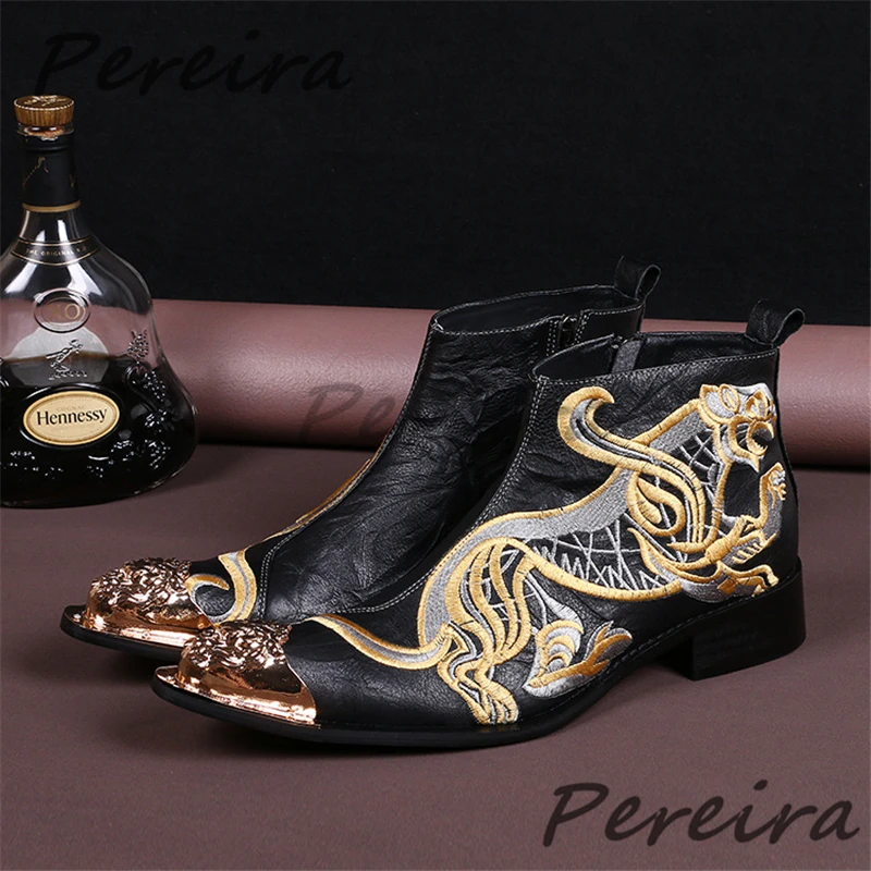 

Trendy Tiger Embroidered Short Boots for Men Metal Pointed Toe Genuine Leather Business Casual Boots Retro Cowhide Male Shoes