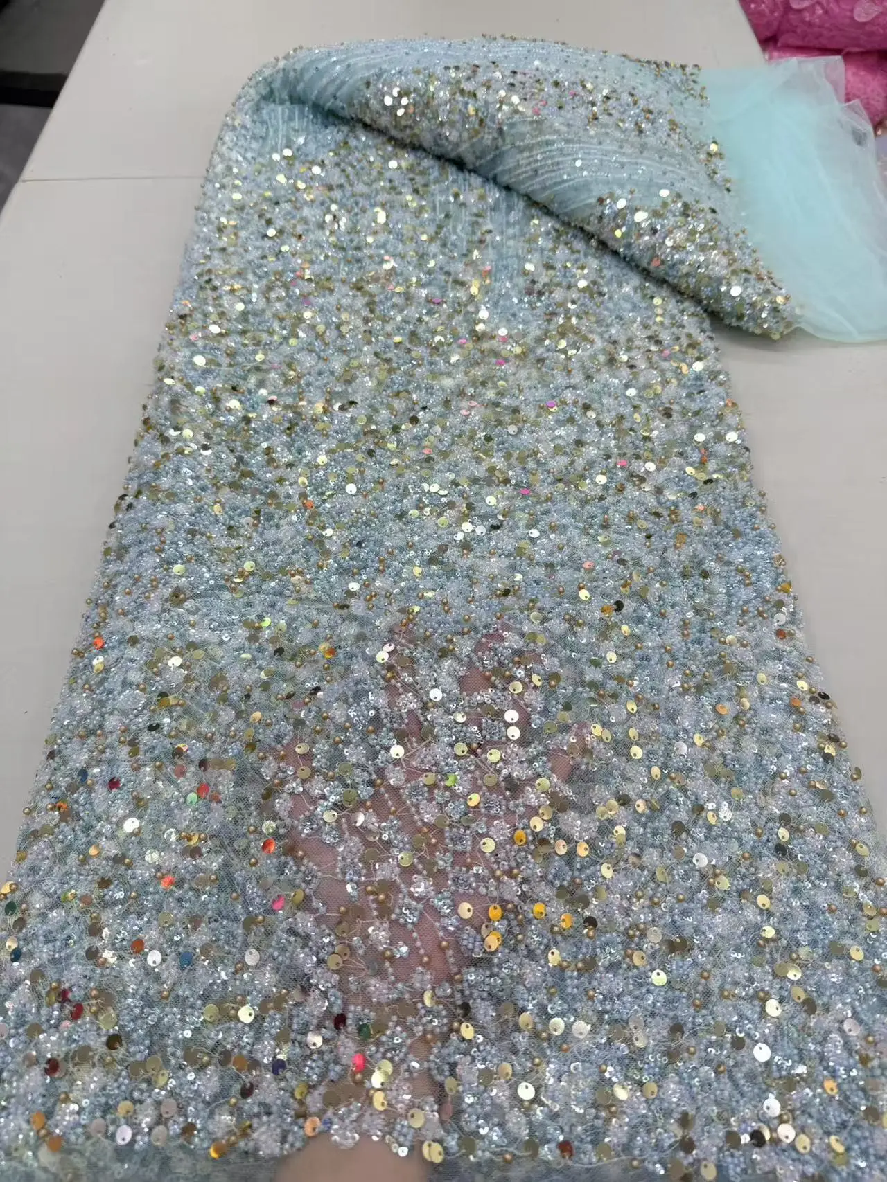 

2025 African Nigerian Sequins Embroidery Tulle Lace Fabric High Quality Beads Stone Prom Dresses Sewing Guipure 5 Yards JY430