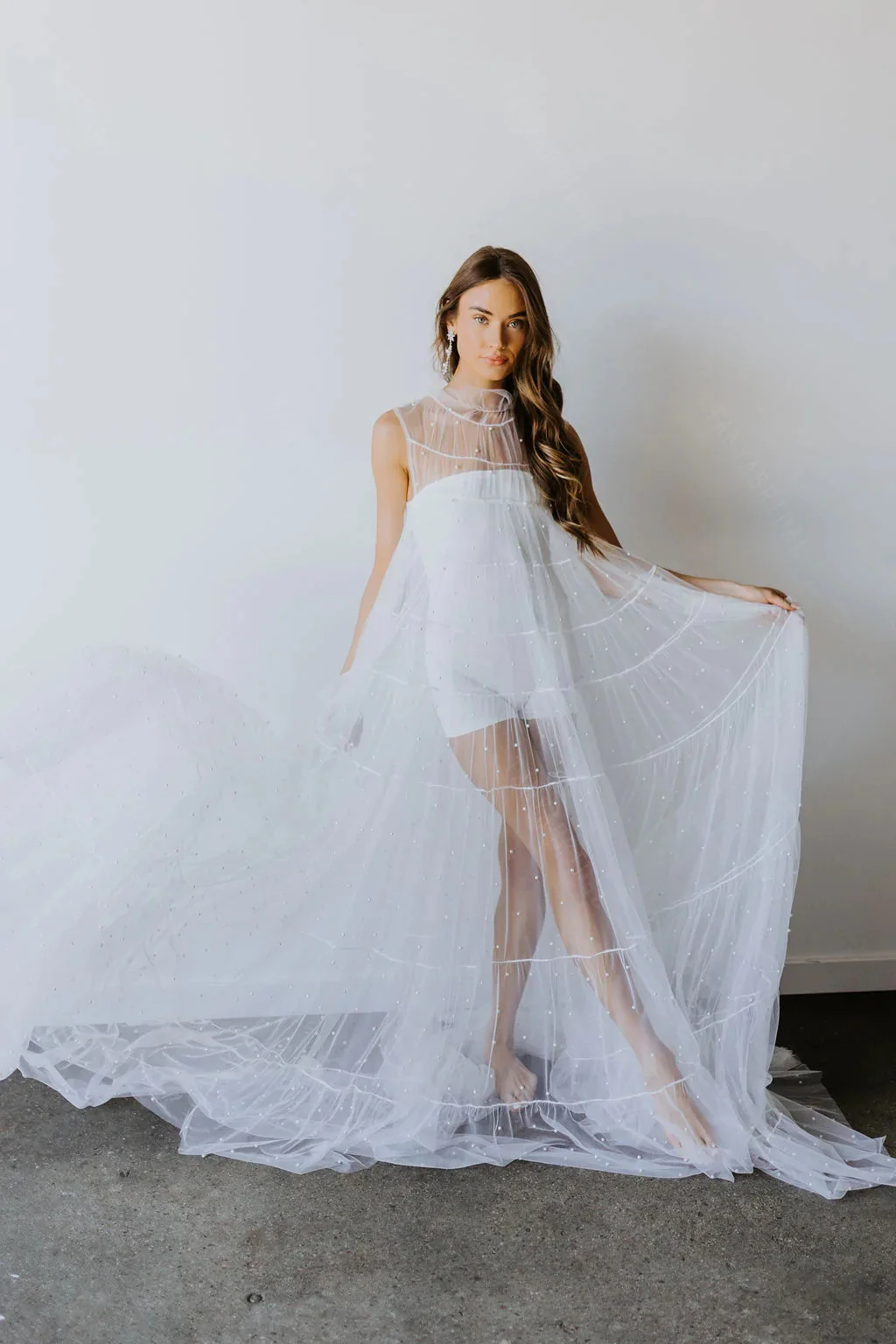 Sheer Ruffle Wedding Cape With Chic High Collar Studded With Beautiful Pearls Loose Outfit  DJ152