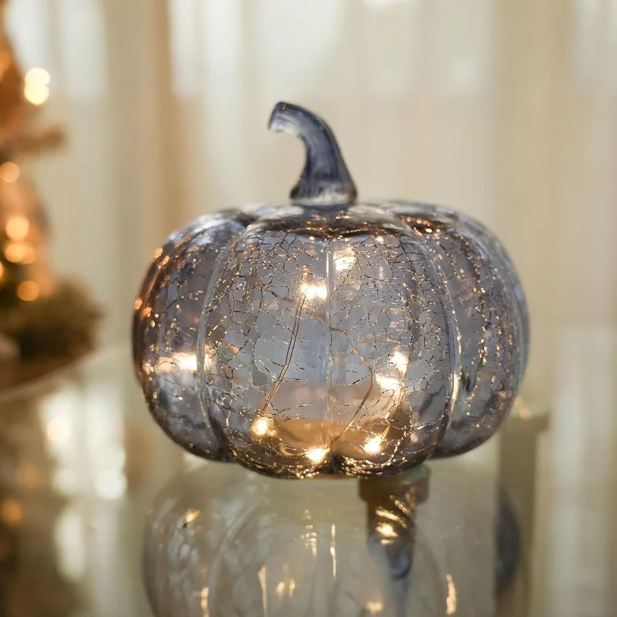 

Indigo Blue Crackle Glass Тыква Мерцающий свет с таймером для осенних и украшений на Хэллоуин Идеально подходит для уютной домашней атмосферы Fe