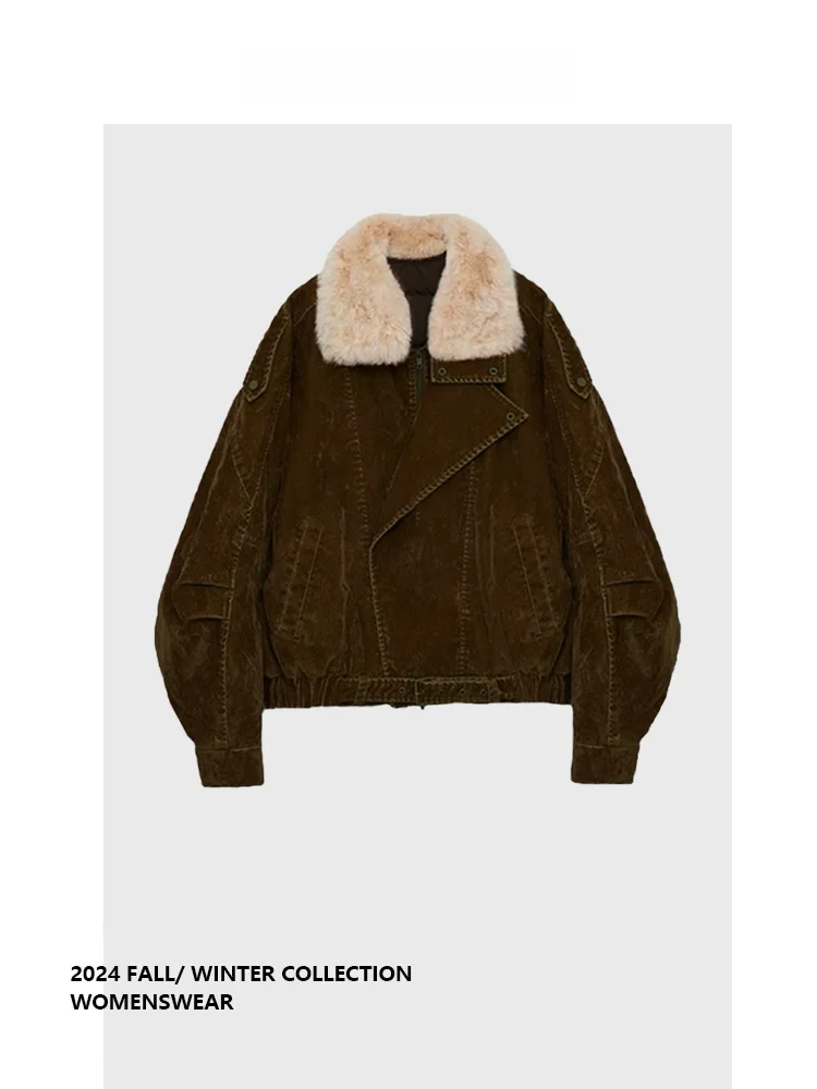 

Forever 2 Retro Faionable Weathered Fur Collar Patchwork Jaet Women's Loose Winter New Arrival Ladies' Outerwear