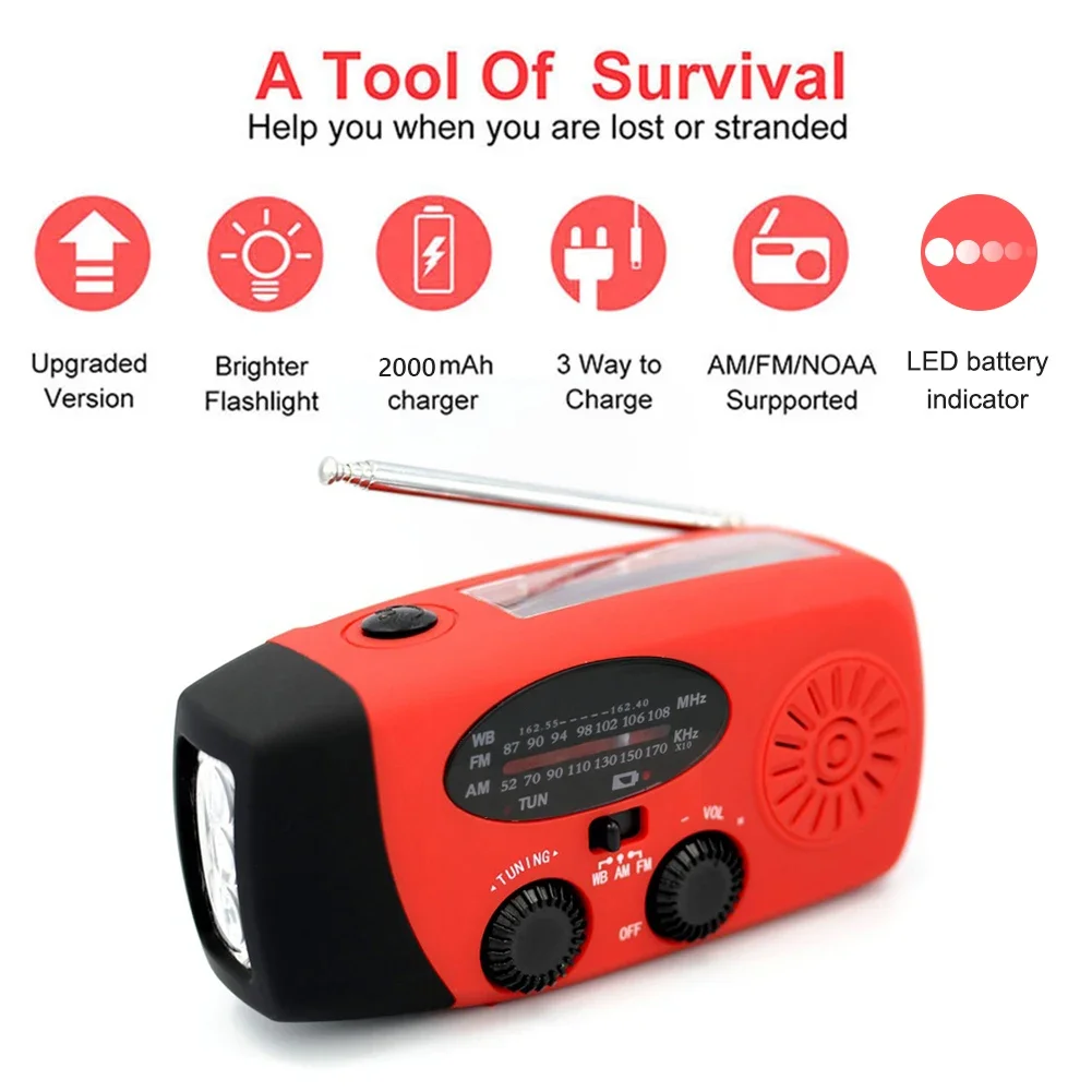 Multifunctional Solar Hand Crank Radio FM AM WB NOAA Weather Radio 2000mAh USB Charging Emergency LED Flashlight Power Bank