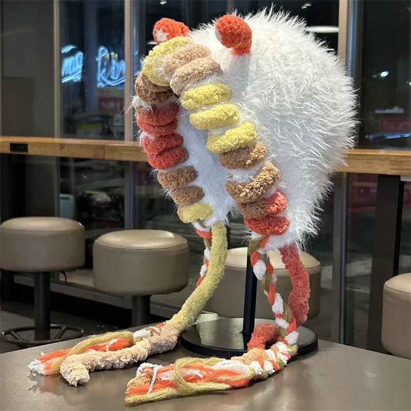 Funny Monster Furry Hat for Women Autumn Winter Knitted  with Braid Warm Ear Protection Hand Crochet Snail Hat Girl Gift H1