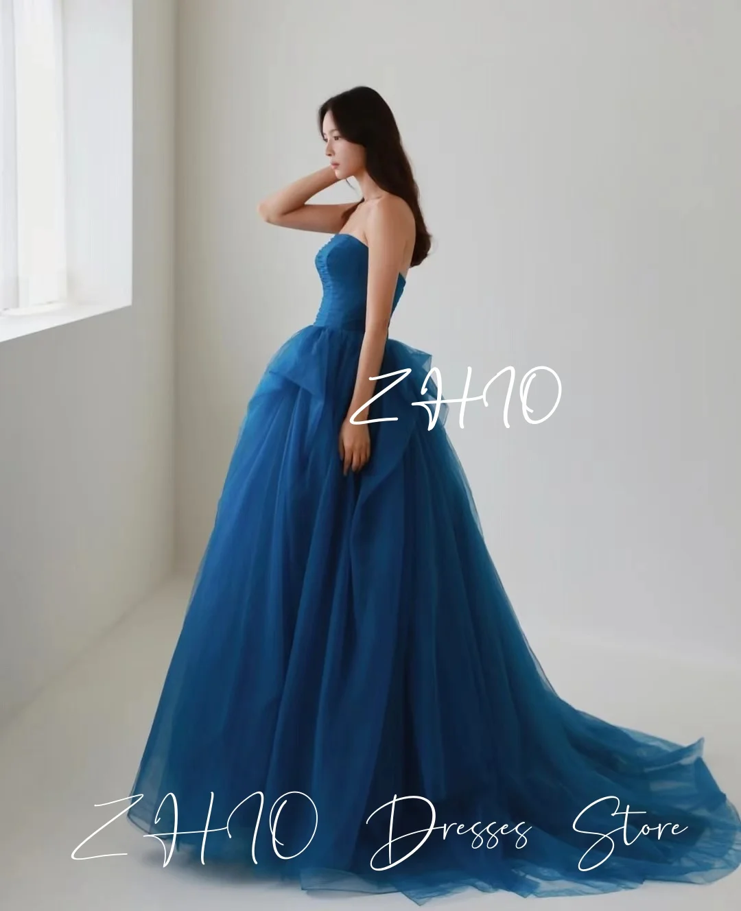 Zhi princesa azul vestido de casamento xale destacável sem alças multi-camadas tule trem coreia sessão de fotos vestido de noiva personalizado