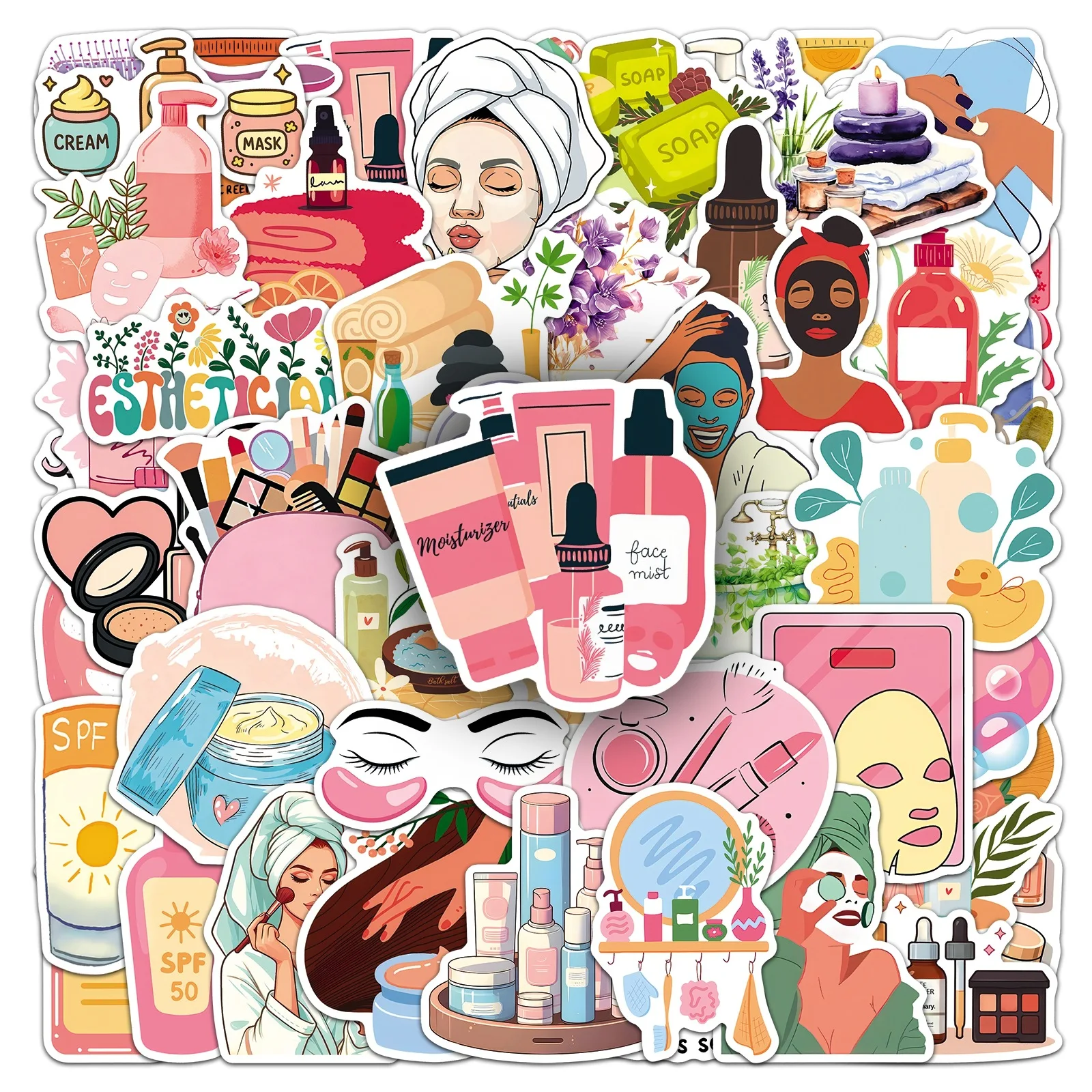 50 Pcs Beauty Skincare Stickers Girly Cartoon Cosmetics Fresh Waterproof Vinyl Decals for Storage Cabinet Laptop Gift