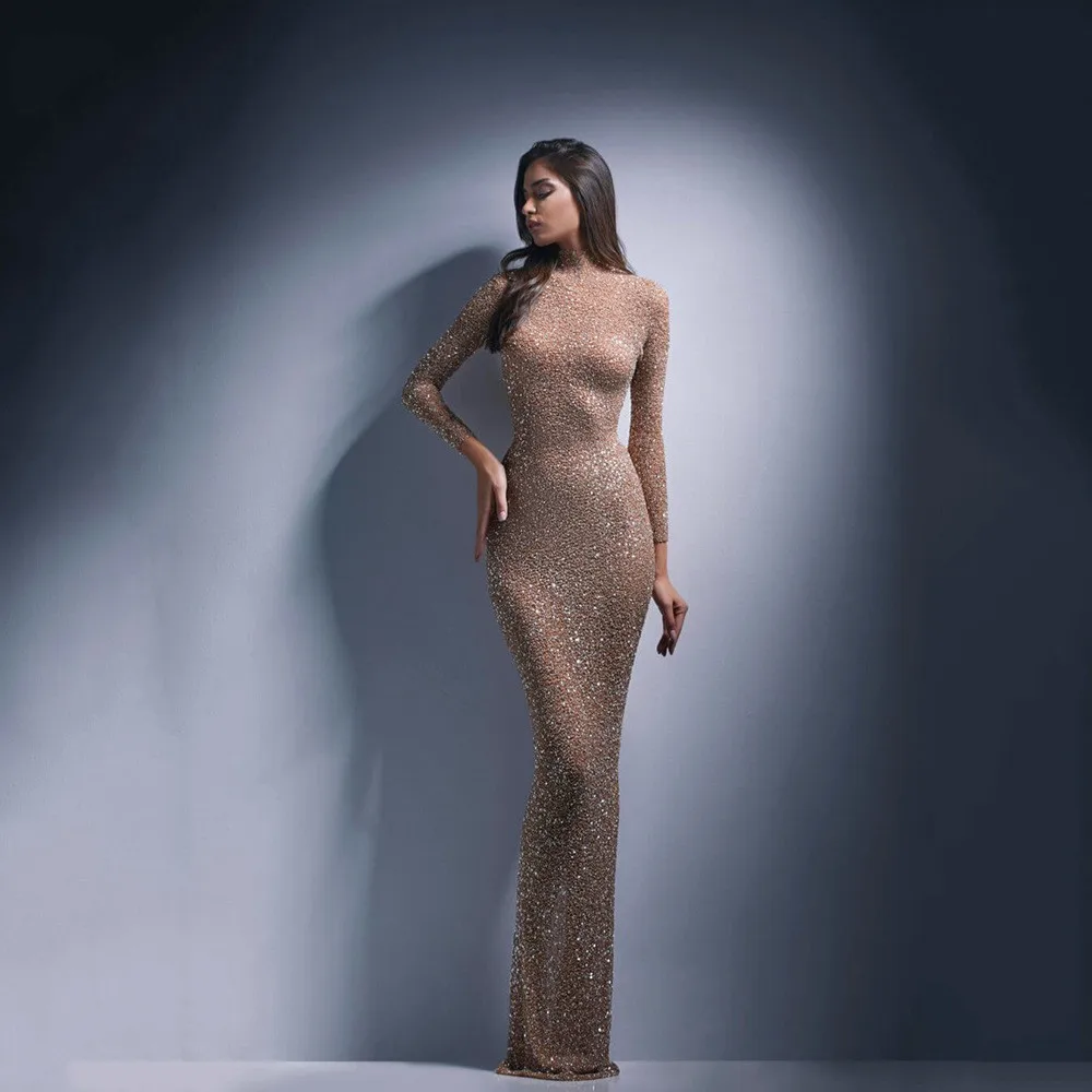 

New Luxury Mesh Dress Female Spring Elegant Slim Sequins Dresses For Women Stand Collar Long Sleeve High Waist Temperamnet