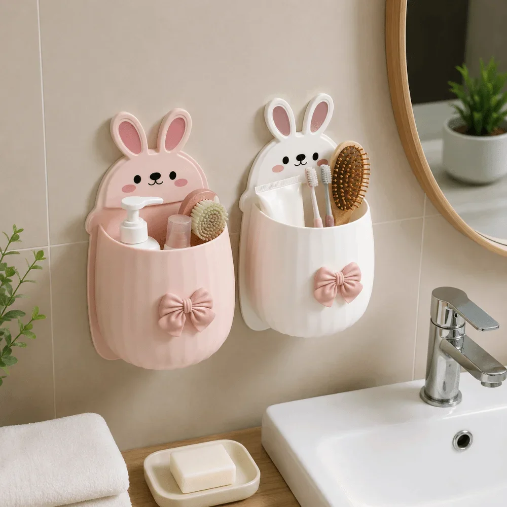 Self Adhesive Toothbrush Storage Rack Multi-functional Wall Hanging Wall-Mounted Storage Box Rabbit Cute Toothpaste Organizer