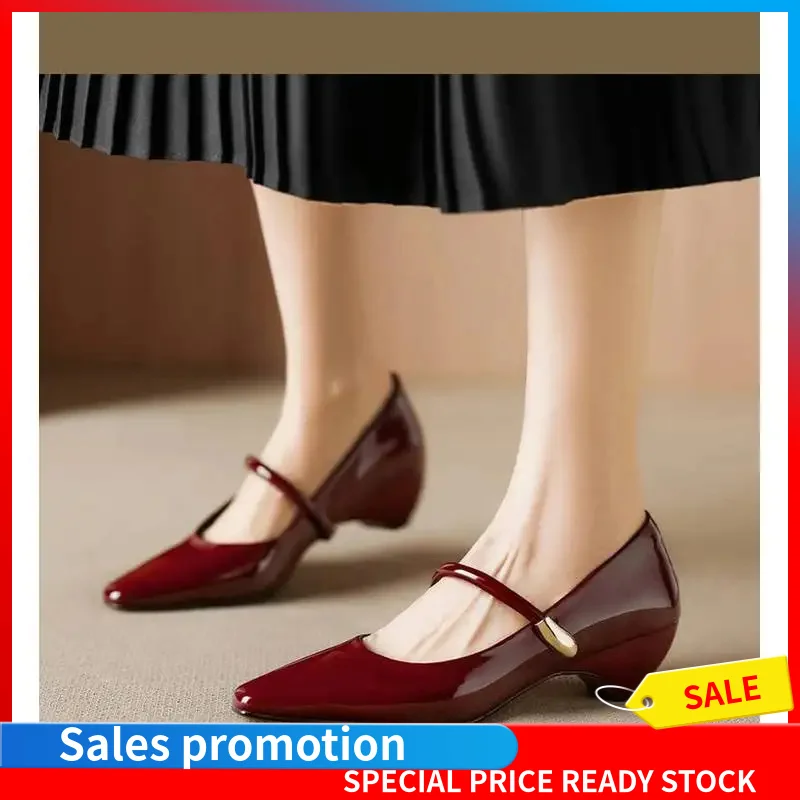 Women Patent Sheep Leather Square Toe Single Strap Mary Janes Block Heel TPR Sole Elegant Daily Four Season Office Shoes F200