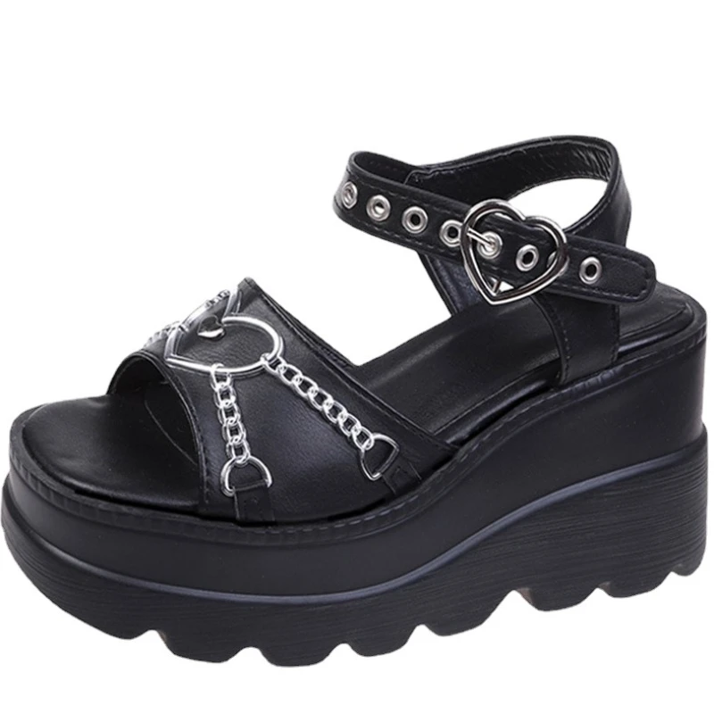 Summer Plus Size 35-43 Lolita Women's Shoes Metal Chain Love Harajuku Sponge Cake Thick Bottom Slope Heel Sandals