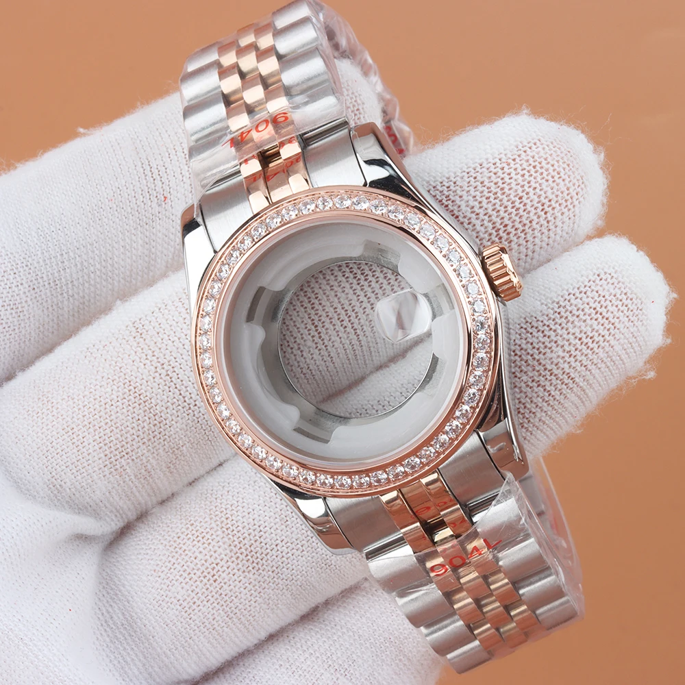 Stainless Steel Case 33mm diamond Bezel Watch Case Jubilee Strap Fit NH05 NH06 Movement Sapphire glass Lady‘s Watch Accessories’