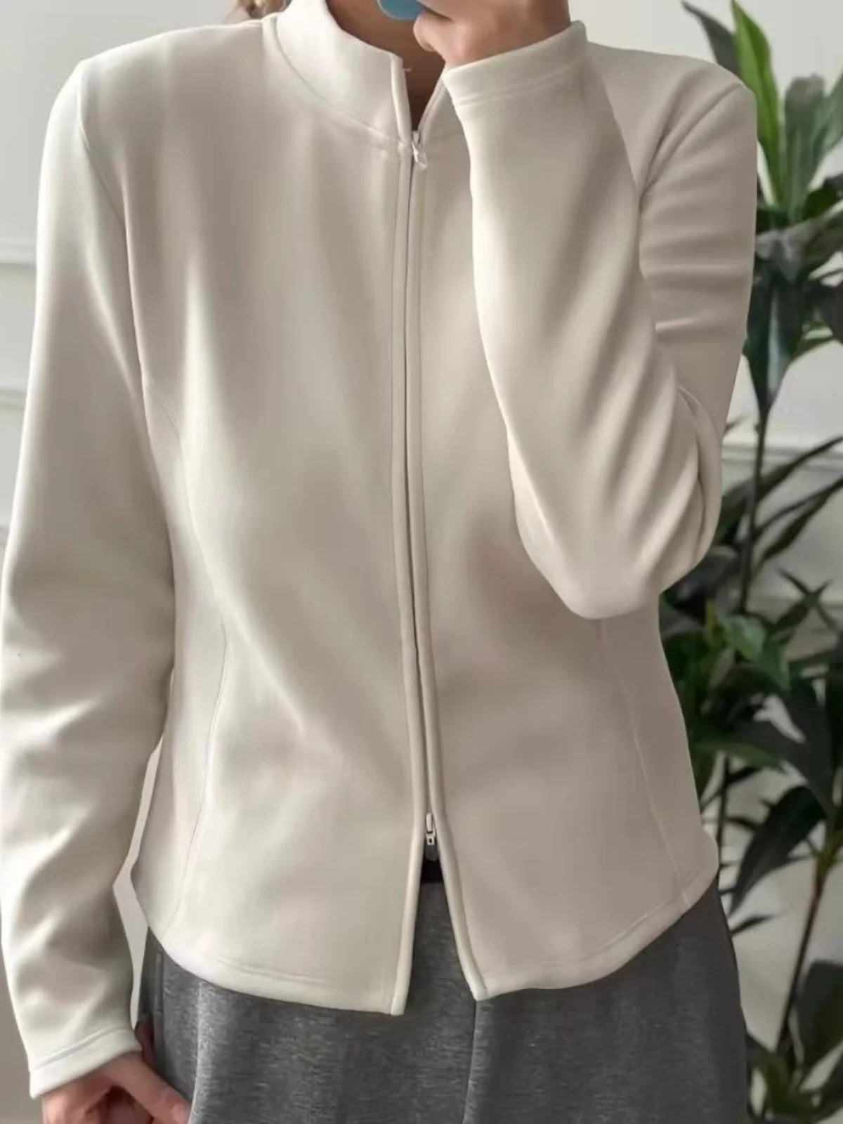 

plus Size Women's Long Sleeve Hoodie Slim Fit Stand Collar Double Zipper Warm Spring Outerwear Korean Style Color