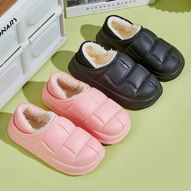 YISHEN Winter Warm Women Slippers Men Slides Waterproof Furry Lining Non-Slip Stepped Cotton Shoes Indoor Home Shoes For Couple