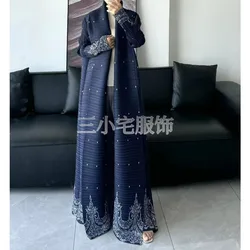 Miyake Pleated Autumn New Women's Long Windbreaker Jacket Retro Navy Blue Print Luxurious Party in Abaya Muslim Dress