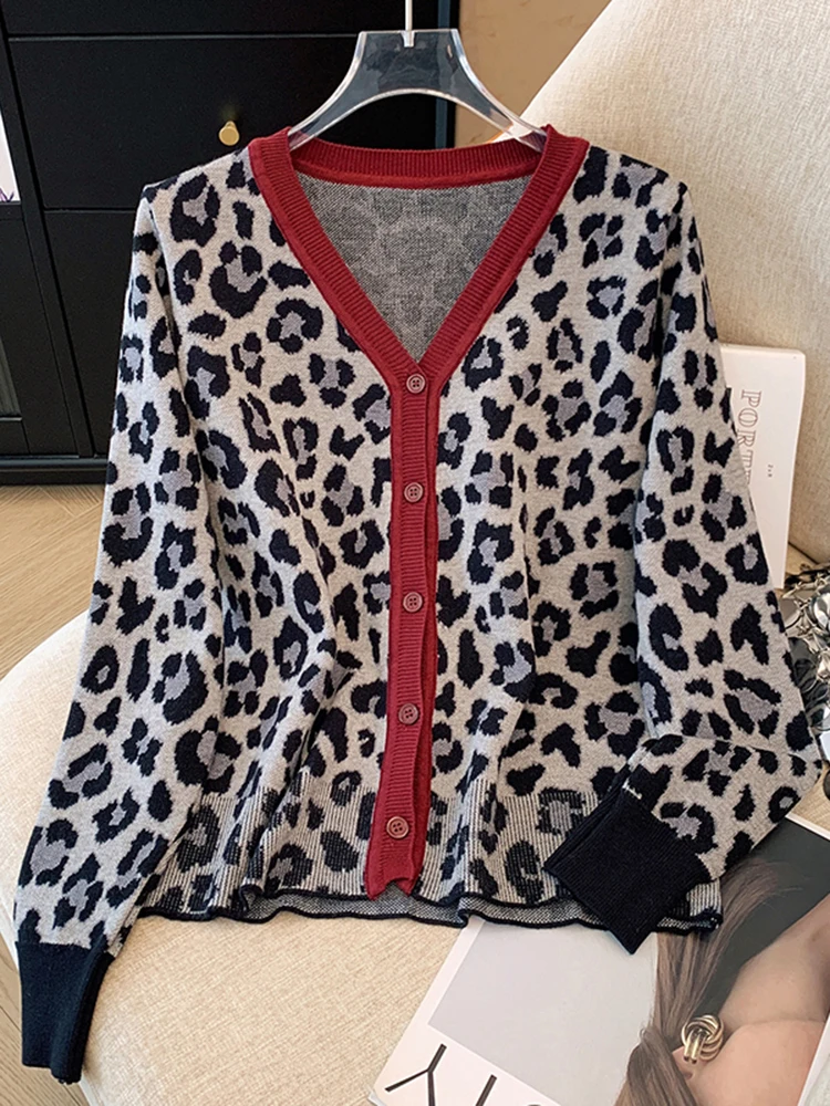 Koreanische Retro Lange Hülse Lose frauen Süße Oberbekleidung Vielseitig Gestrickte Top Neue High Street Fashion Frauen Leopard Print Pullover