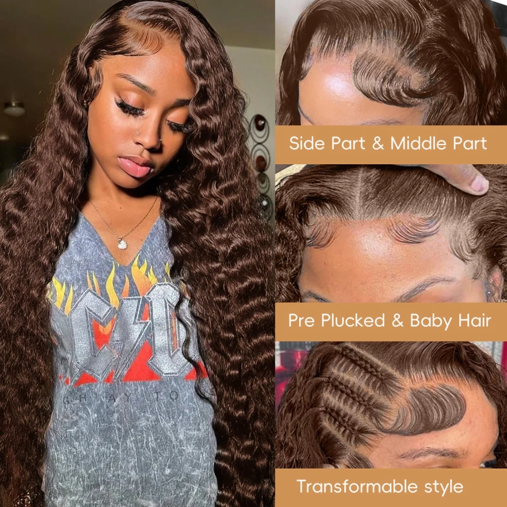 Chocolate Brown Full Lace Wig Human Hair Peruvain Remy Hair Transparent Lace Front Wig Deep Wave Pre Plucked with Baby Hair