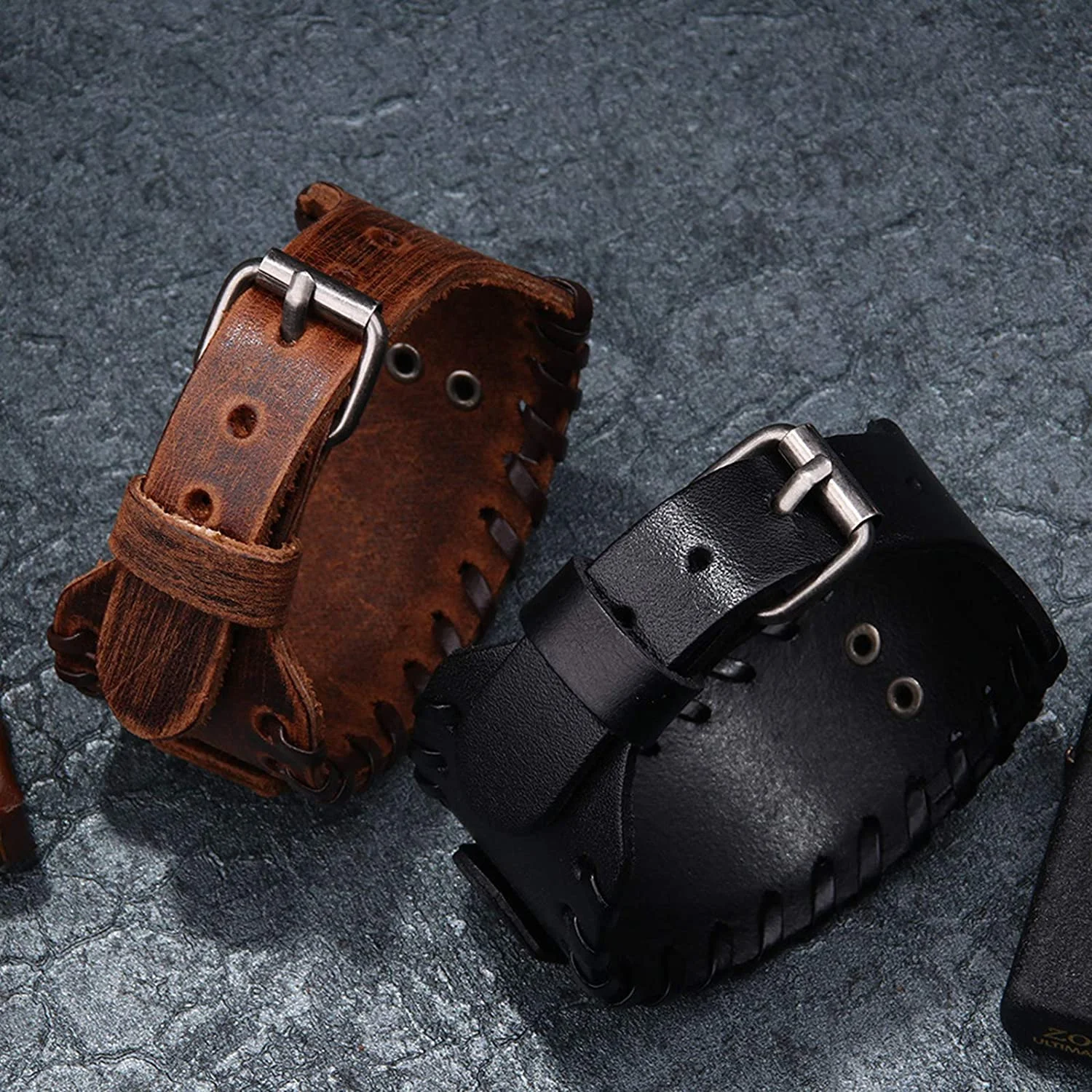 1PC Men\'s Fashion Stainless Steel Wolf Head Wide Leather Bracelet Jewelry Stonego Accessories Viking Bracelet