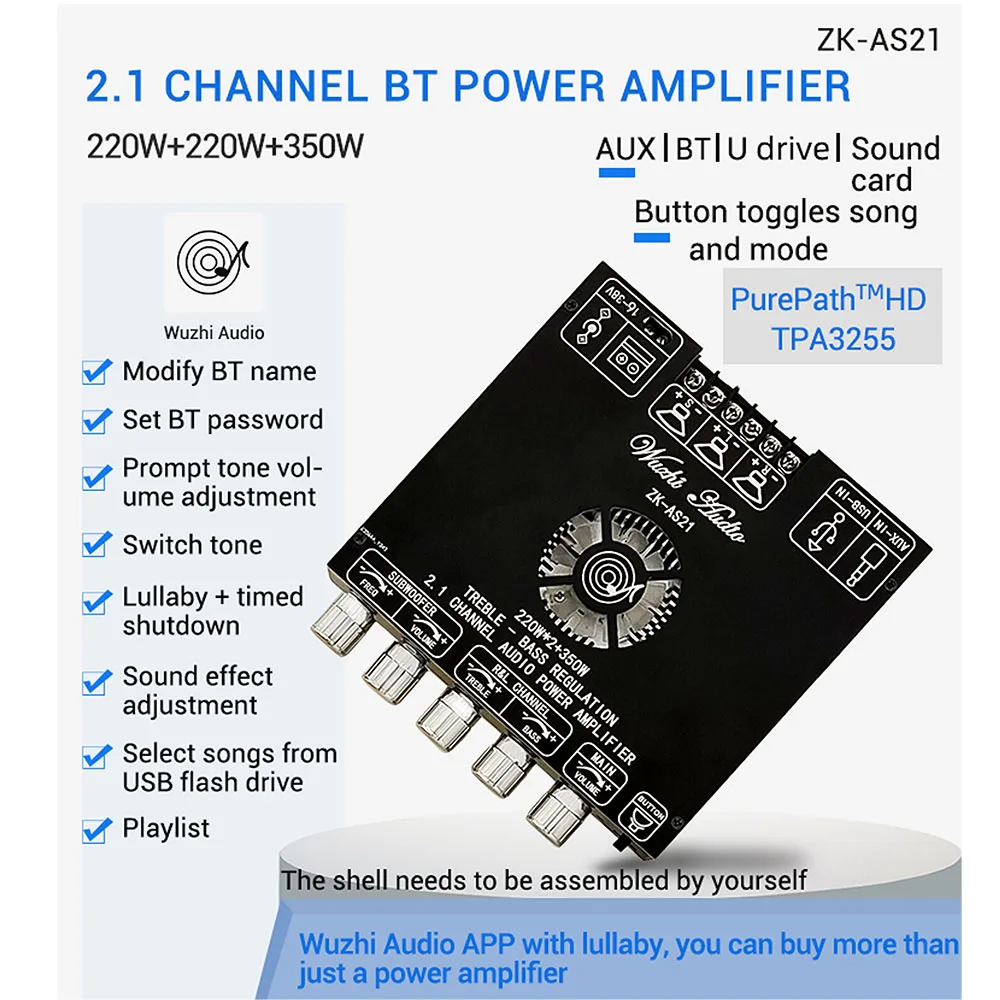ZK-AS21 TPA3255 220WX2+350W 2.1 Channel Bluetooth Digital Audio Power Amplifier Board High Low Tone Subwoofer Amplifier Module