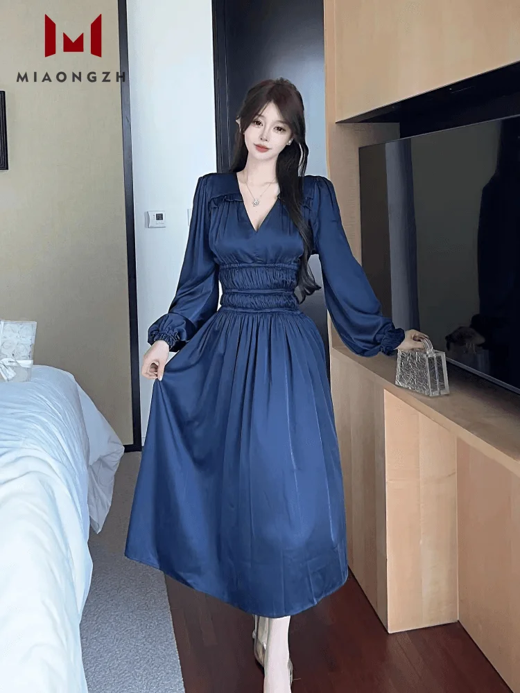 

France Vintage Solid Satin Dress For Women V Neck Lantern Sleeve High Waist Pleated Elegant Dresses Female Fashion New Clothing