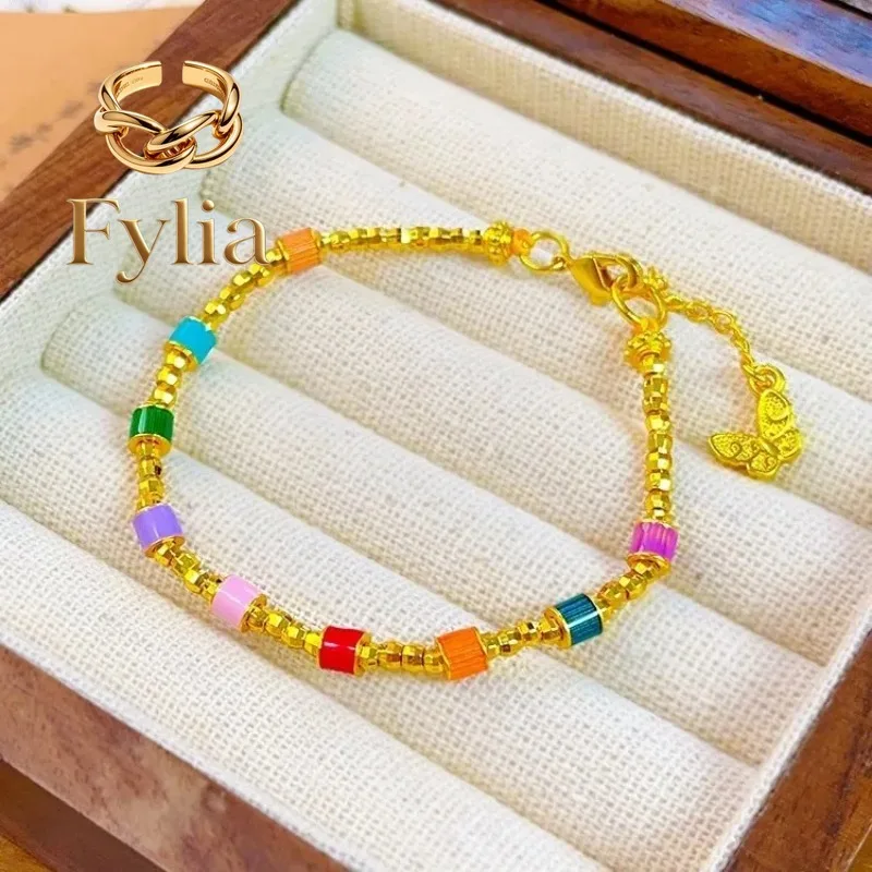 Fylia Jewelry  New Chinese 9999 24K real gold burnt blue enamel Bundy Bead Rainbow bracelet diy female transfer bead bracelet gi