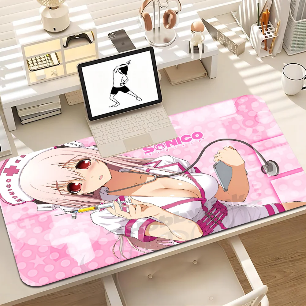 Super Sonico 80x30cm XL Lockedge Thickened Mouse Pad Oversized Gaming Keyboard Notebook Table Mat for Teen Girls Bedroom