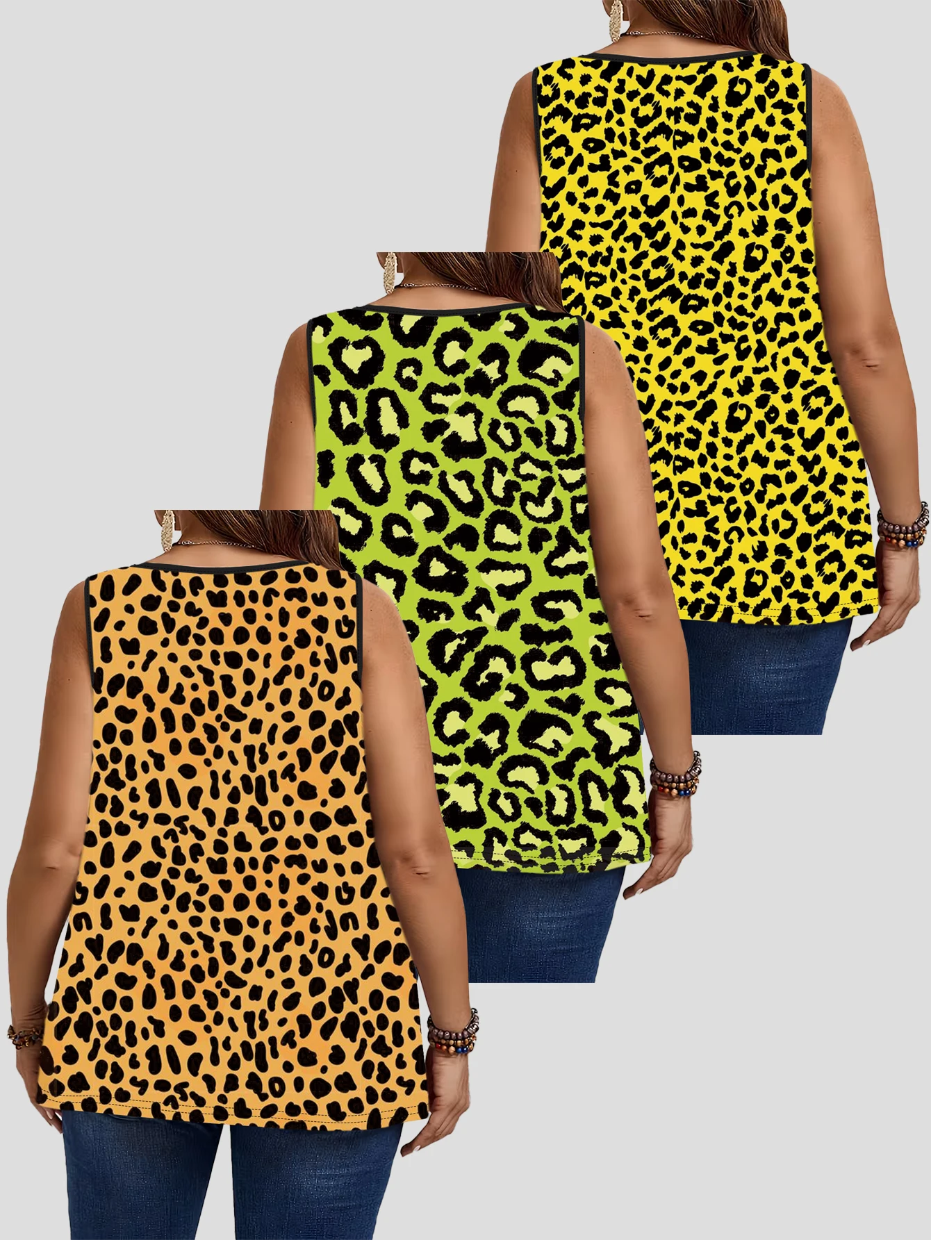 3-Piece Set of Plus-Size Women's Vests｜Fluorescent Yellow-Green Warm Orange Classic Leopard Print Digital Print Loose-Fitting Slimming Round-Neck Sleeveless Women's Tops 2