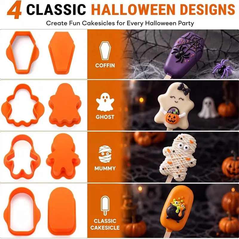 N96R Halloween For Cakesicle Mold Set 4 Styles, Coffin Ghost Mummy Shapes Easy Release Plastic For Cake Pops For Party Baking