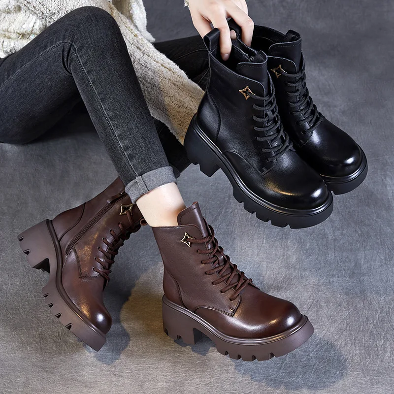 

Genuine Leather Shoes Chunky Combat Boots For Women's 2025 Edition Lace Up Ankle Boots Round Toe Slim Square High Heels Z10