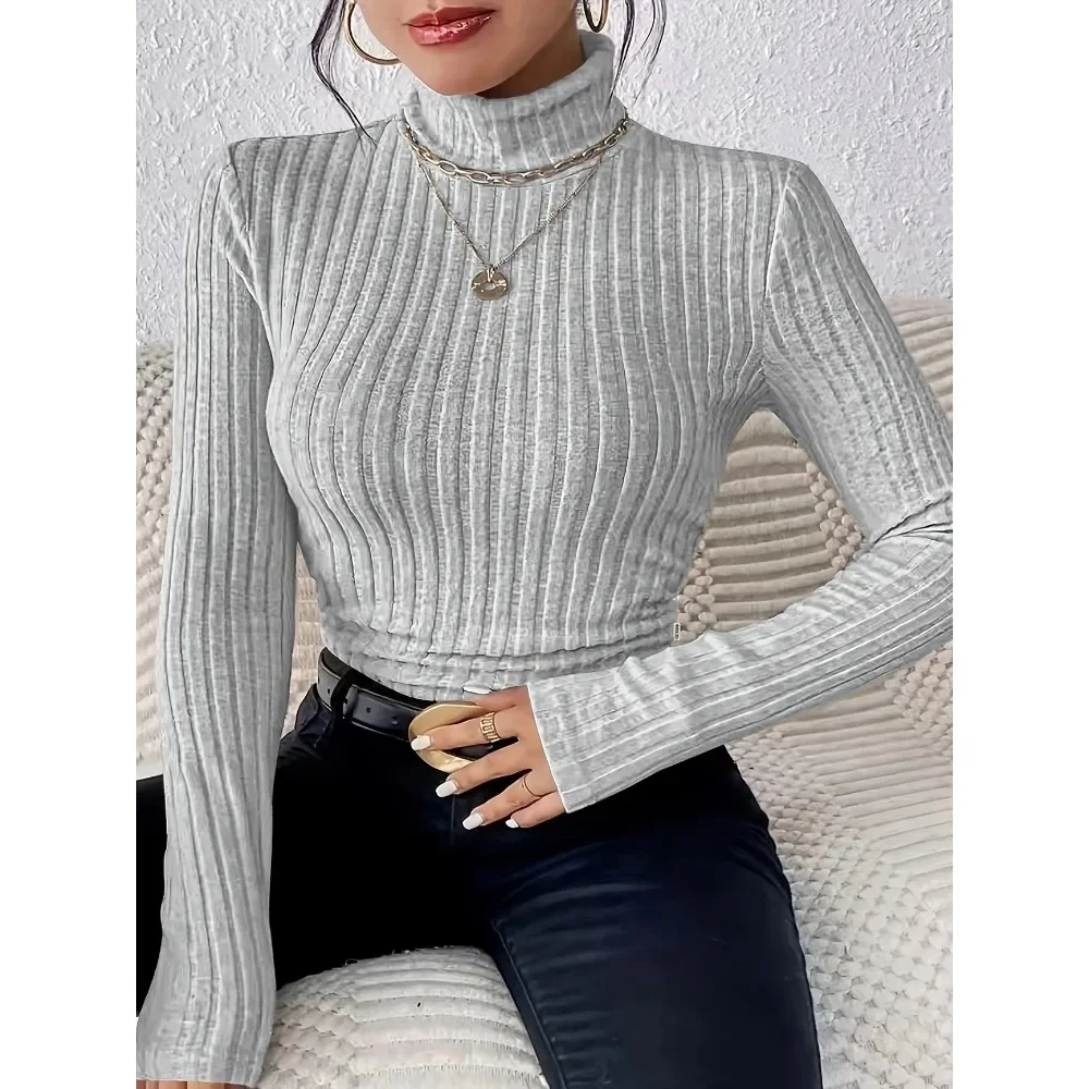 حجم كبير 1XL-5XL المرأة كم طويل سليم صالح مضلع متماسكة الياقة المدورة رمادي فاتح أنيق تنوعا البلوز الأعلى