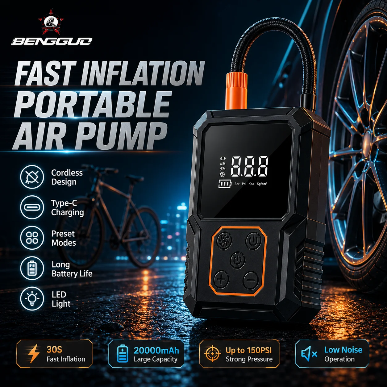Bomba de Ar Elétrica Sem Fio BENGGUO 150PSI, Inflador de Pneus Portátil com Desligamento Automático e Medidor LED para Bicicleta, Carro, Moto e Bola
