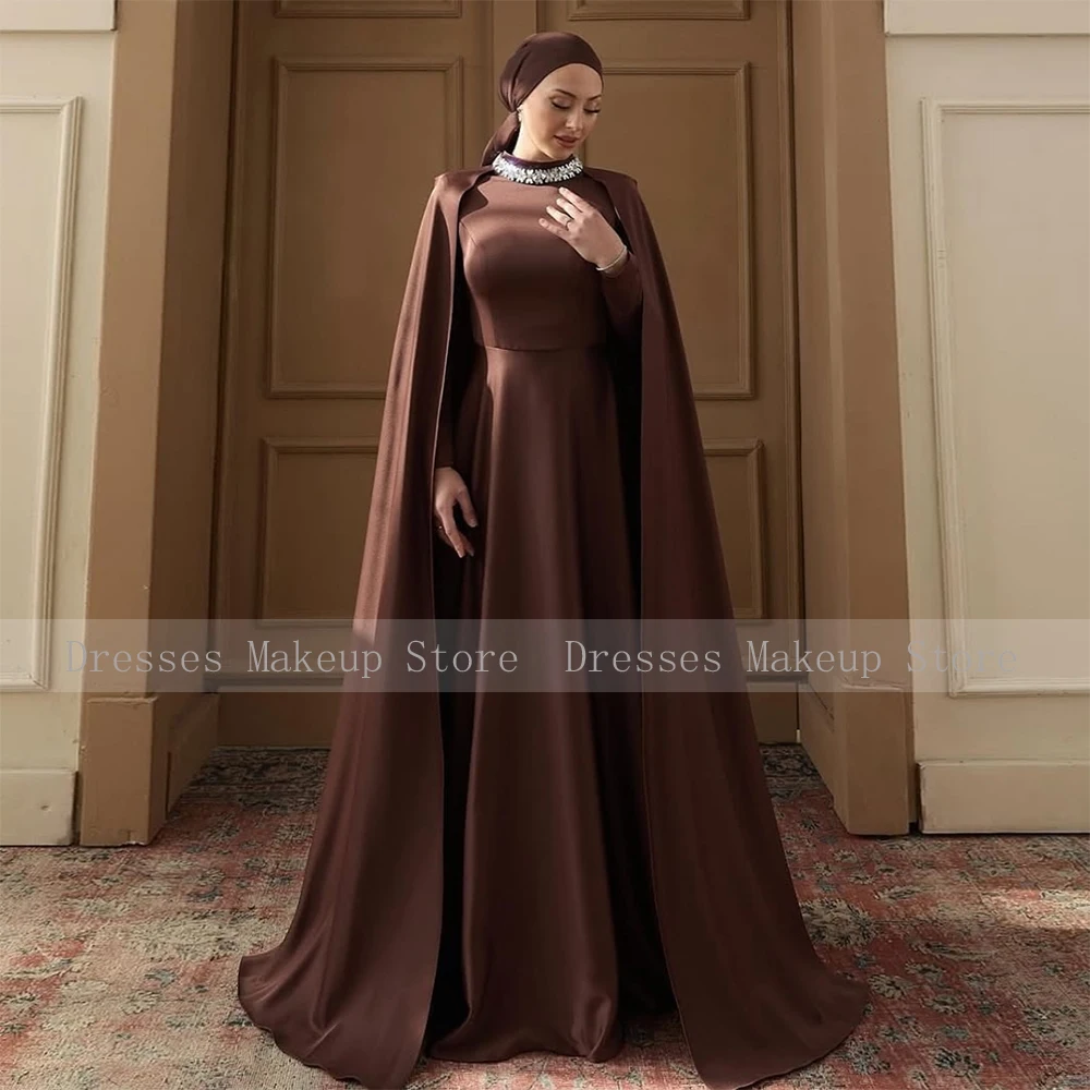 Customized Modest Evening Dress Crystal High Collar Long Sleeve Saudi Arabian Evening Gowns A Line Cape Woman's Formal Dresses image 4