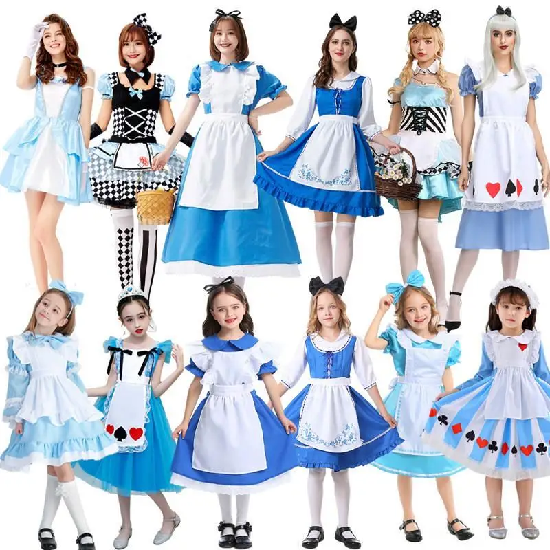 

Костюм Алисы в Стране чудес для Хэллоуина, сценический наряд, парные костюмы для родителей и детей, полиэстер, традиционный стиль