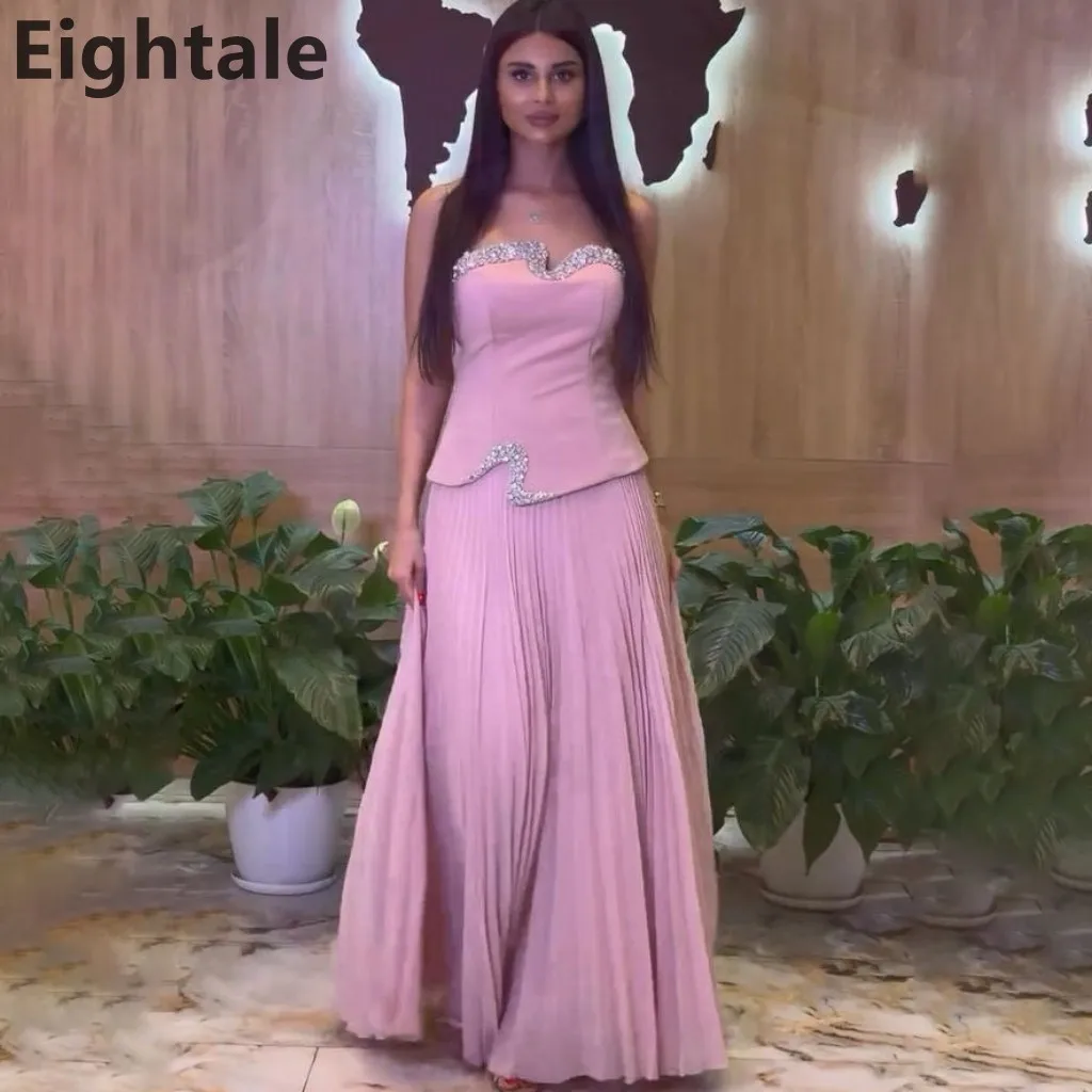 

Eightale 2024 Pink A Line Saudi Srabic Strapless Beaded Evening Dress For Wedding Party Prom Dress Dubai Party Gown Customized