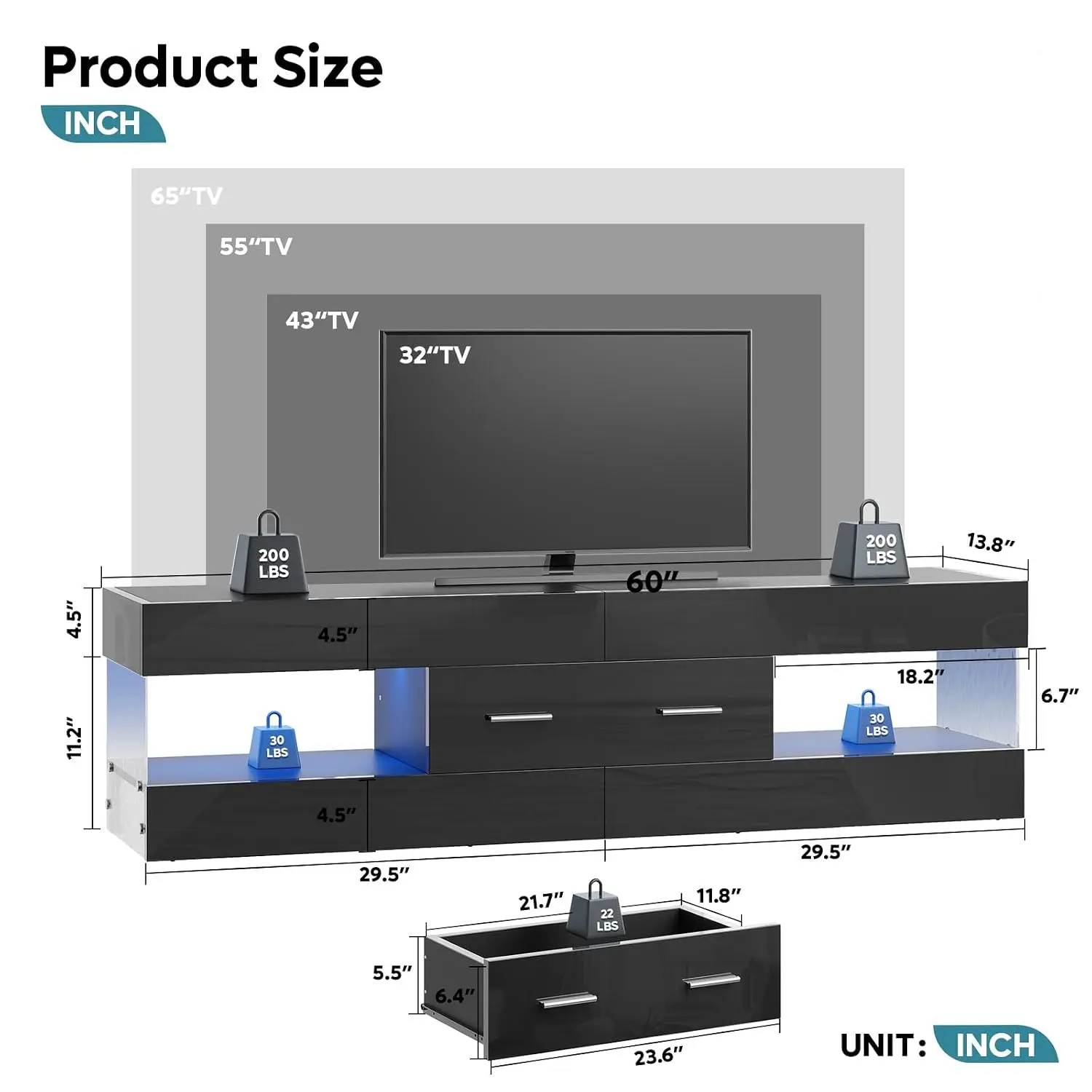 60 Inch Modern TV Stand,LED Entertainment Center,Fits 65 Inch TV,High Gloss Stone Surface & Drawer,Living Room, Custom