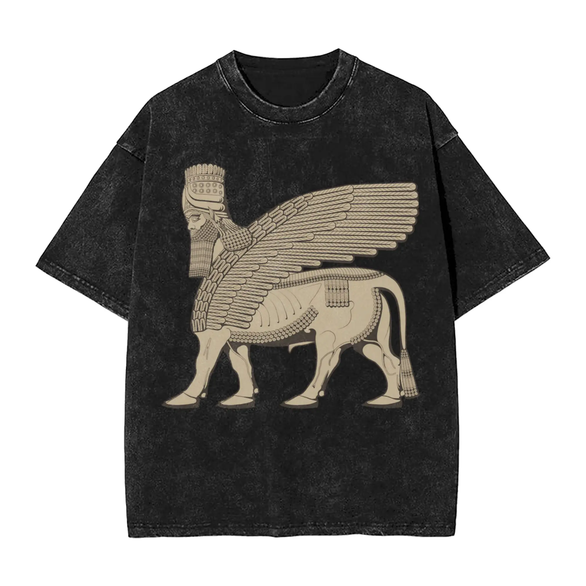 Lamassu Winged Bull Assyrian  Washed T Shirt Streetwear Hip Hop Casual T-Shirt  Tees Men Women Short Sleeve Harajuku